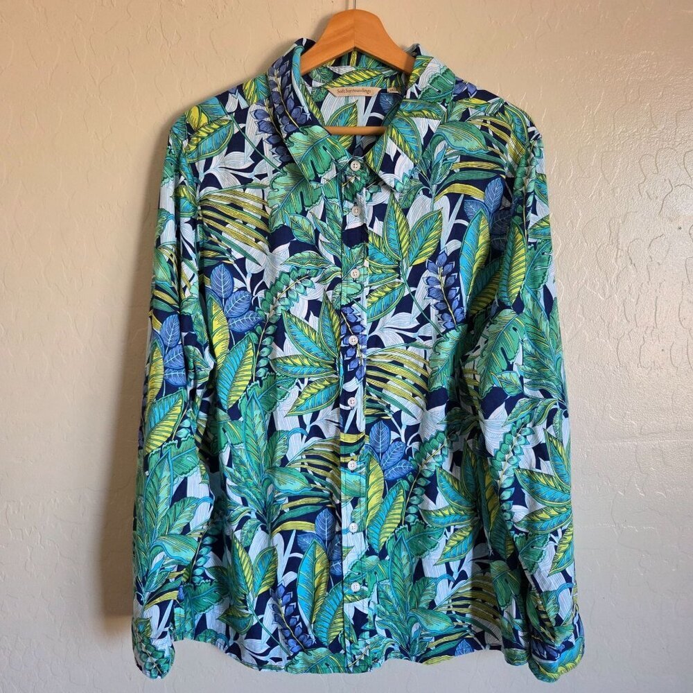 Soft Surroundings Jordan Linen Blend Tropical Top Blue/Green 2X Roll Tab Sleeves